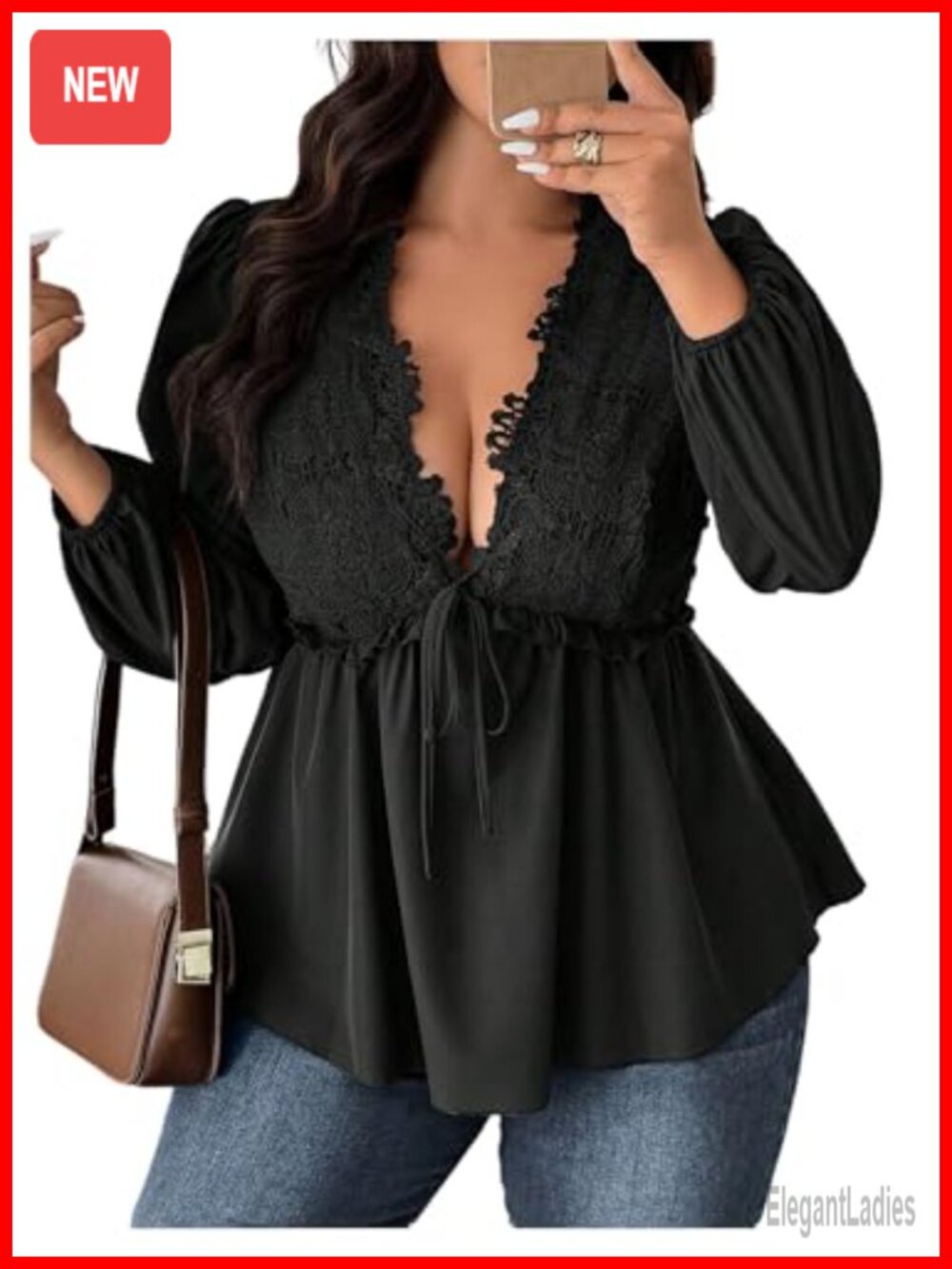 Plus Size Lace Deep V Neck Peplum Ruffle Hem Blouse Top